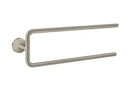 Handtuchhalter mit zwei Armen in brushed Nickel, montiert an einer Wand, mit der Marke AXOR am Halterungspunkt sichtbar.